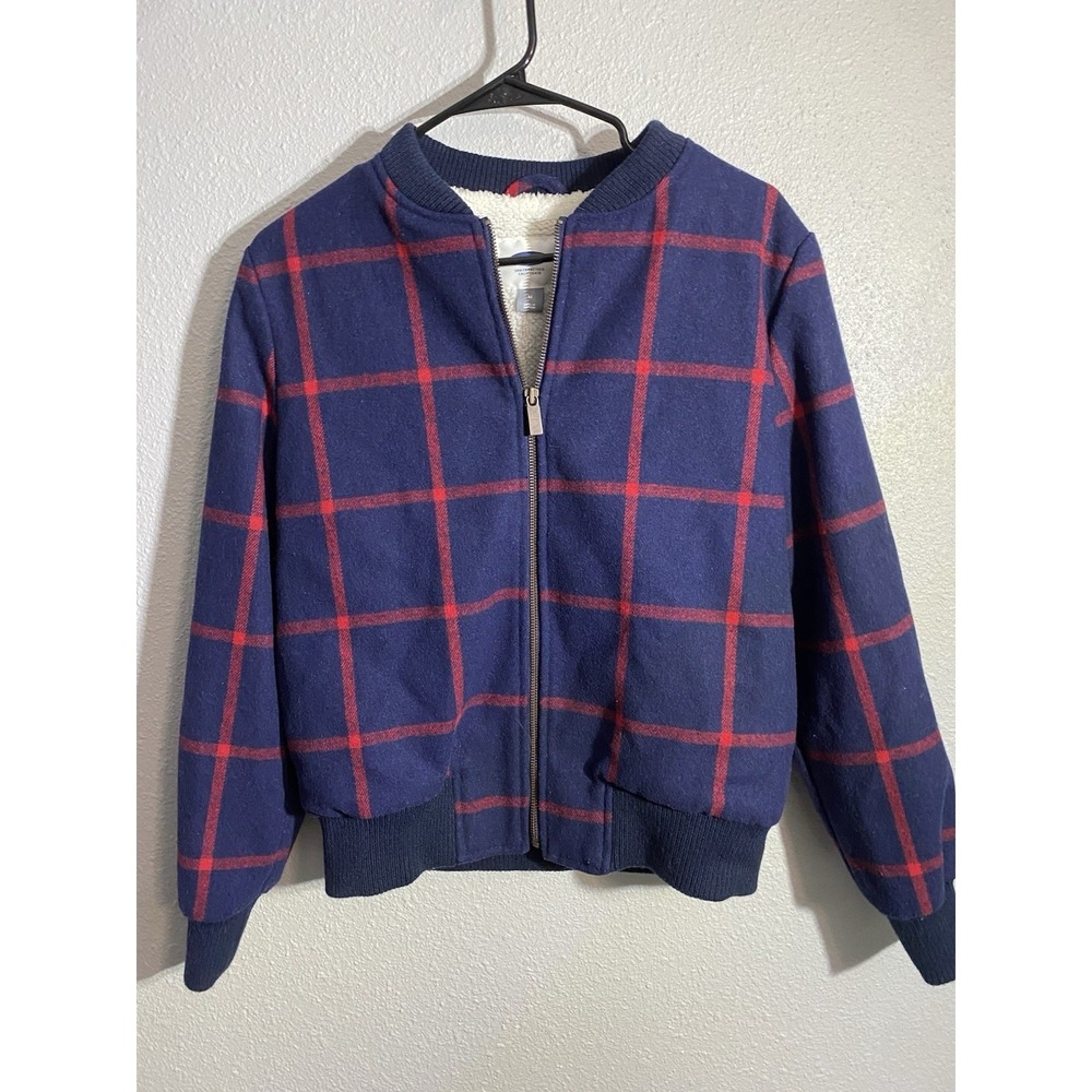 Old Navy Women's Sherpa Lined Plaid Bomber Jacket M Navy Red Check Zip Up Fleece